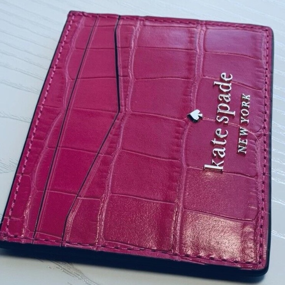NEW Croc Embossed Leather Kate Spade Festive Pink Staci Small Slim Card Holder - Picture 3 of 13